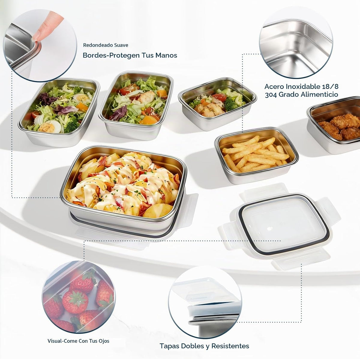 10 recipientes de almacenamiento de alimentos de acero inoxidable 304 con tapas herméticas a prueba de fugas, lonchera Bento apilable para preparación de comidas, recipientes de metal reutilizables