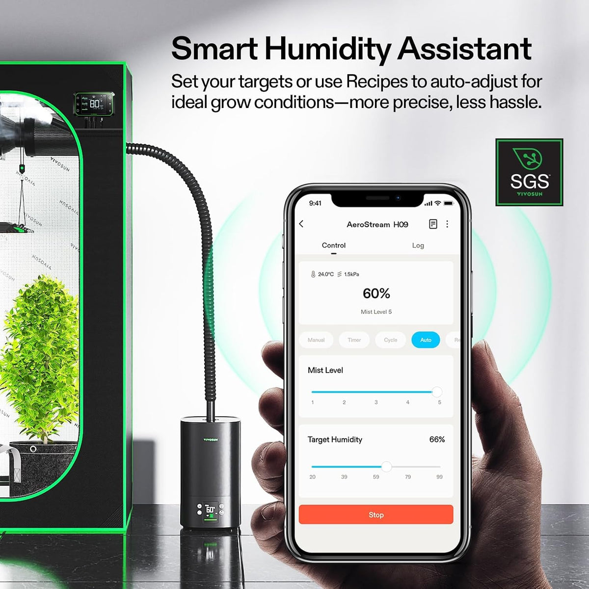 VIVOSUN AeroStream H05 Humidificador WiFi inteligente de 1.32 galones con