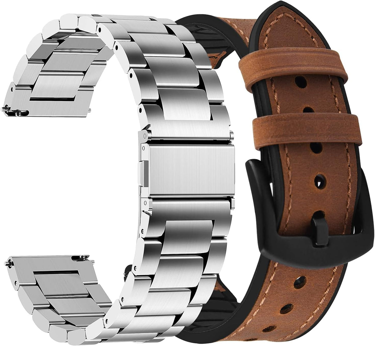 Fullmosa Correa de reloj de liberación rápida de acero inoxidable de 0.866 in y correa de reloj de cuero de silicona de 0.866 in marrón+hebilla negra