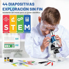 Kit de microscopio para niños de 58 piezas, aumento de 100X-1200X, cuerpo de metal, luz LED, caja de transporte, juguete de experimento científico para niños de 5 a 12 años