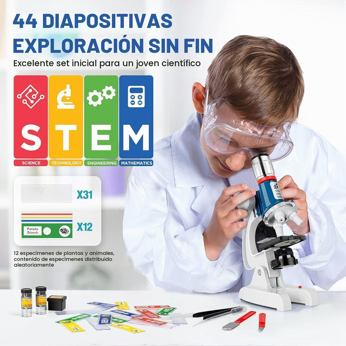 Kit de microscopio para niños de 58 piezas, aumento de 100X-1200X, cuerpo de metal, luz LED, caja de transporte, juguete de experimento científico para niños de 5 a 12 años