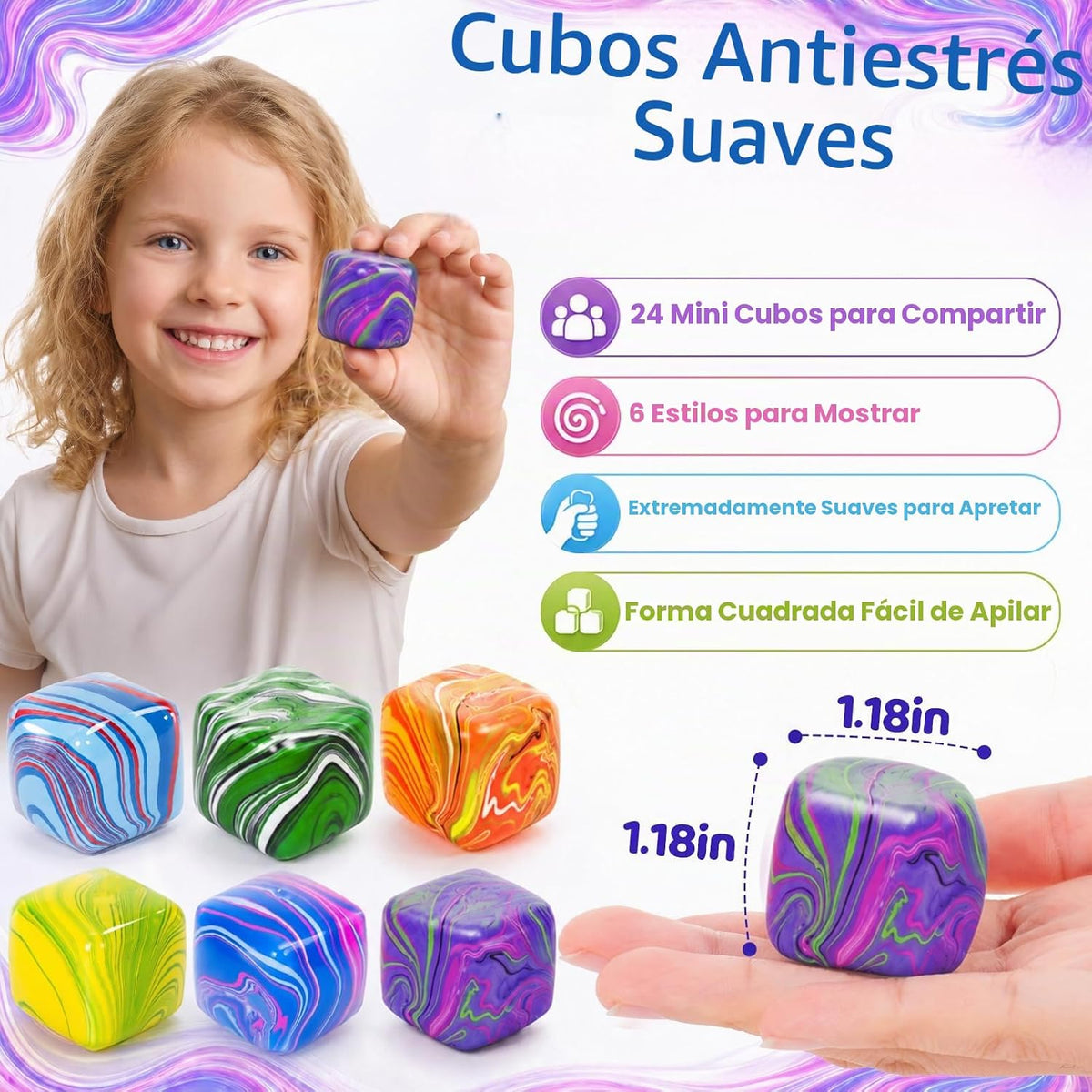 Paquete de 24 mini cubos de estrés para niños: 1.18 pulgadas, juguetes esponjosos de remolino colorido, juguetes sensoriales suaves de rebote rápido para premios silenciosos en el aula, recuerdos de