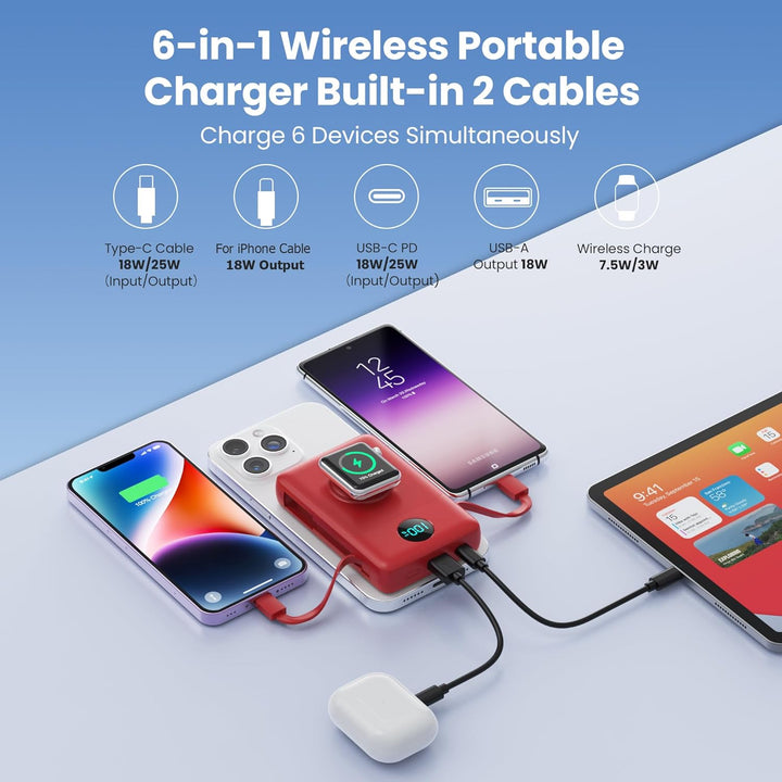 Cargador portátil magnético 6 en 1 para iPhone con cables integrado...