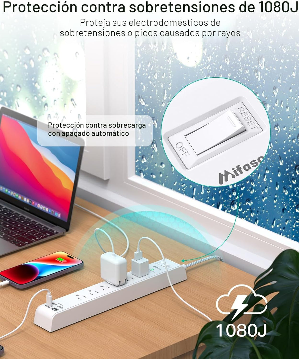 Paquete de 2 regletas protectoras contra sobretensiones, 6 tomas, 4 puertos USB (2 USB C) cables de extensión de 5 pies de largo, tira de salida de protección contra sobrecarga de enchufe plano