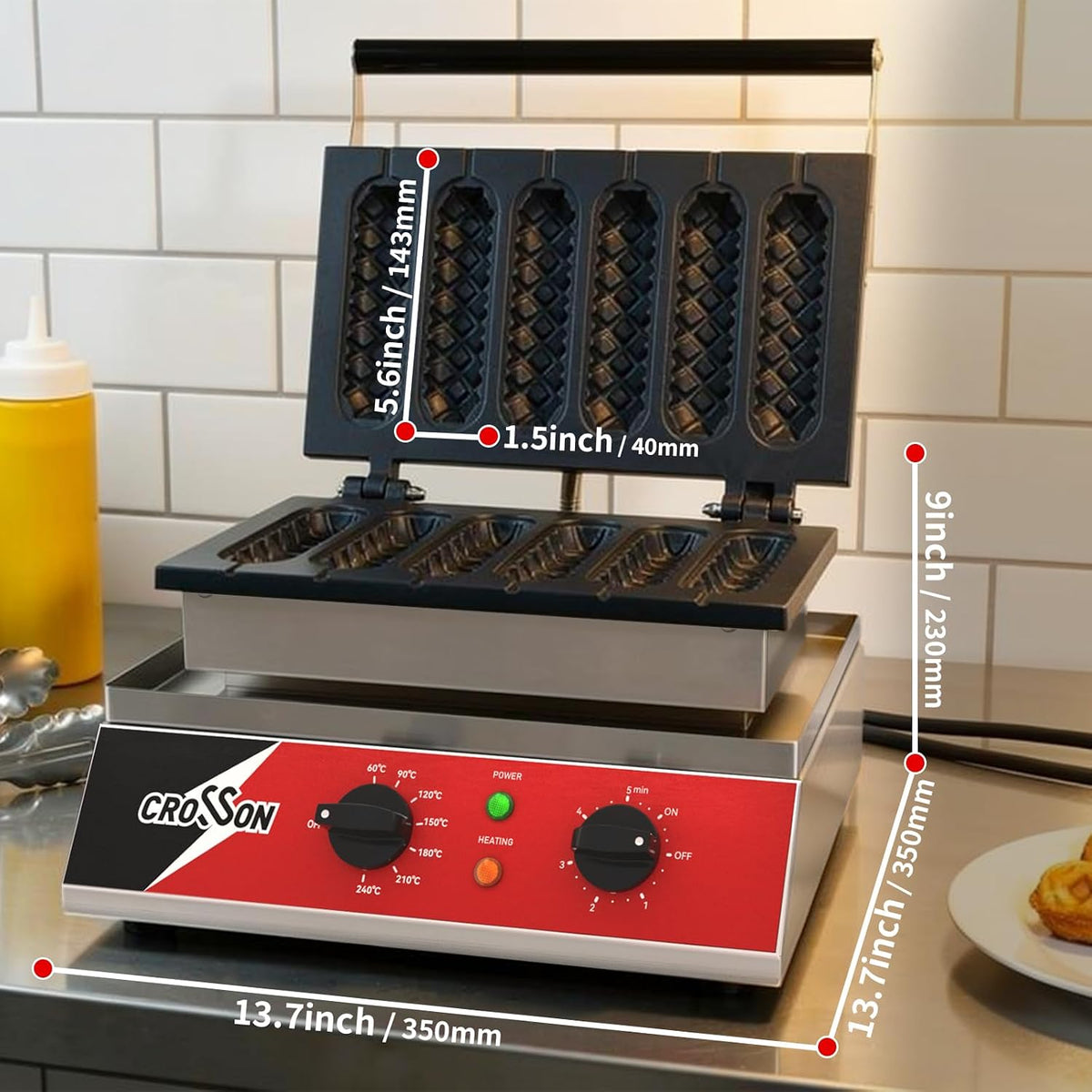 CROSSON Máquina de gofres comercial de 6 piezas, antiadherente de triple capa con revestimiento de maíz para perros calientes con rango de temperatura de 140-480 ℉ y temporizador de 5 minutos, máquina para restaurante, panadería, barra de aperitivos, 120