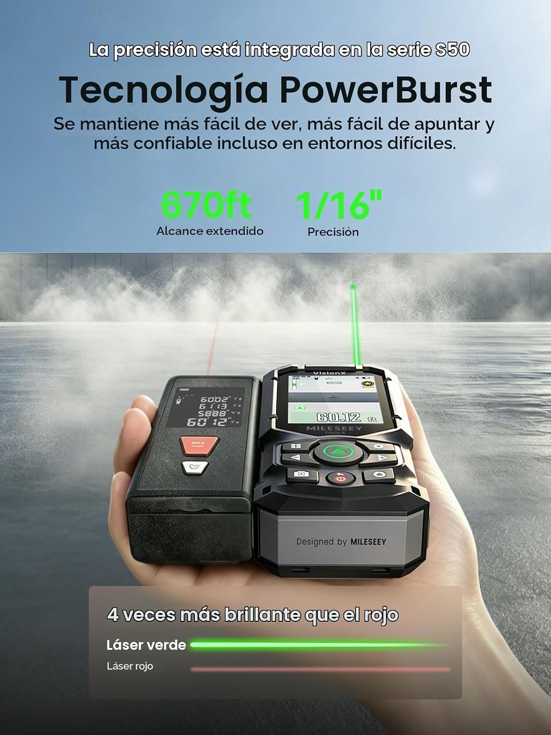 MILESEEY Paquete de medición láser verde S50C con cámara y trípode