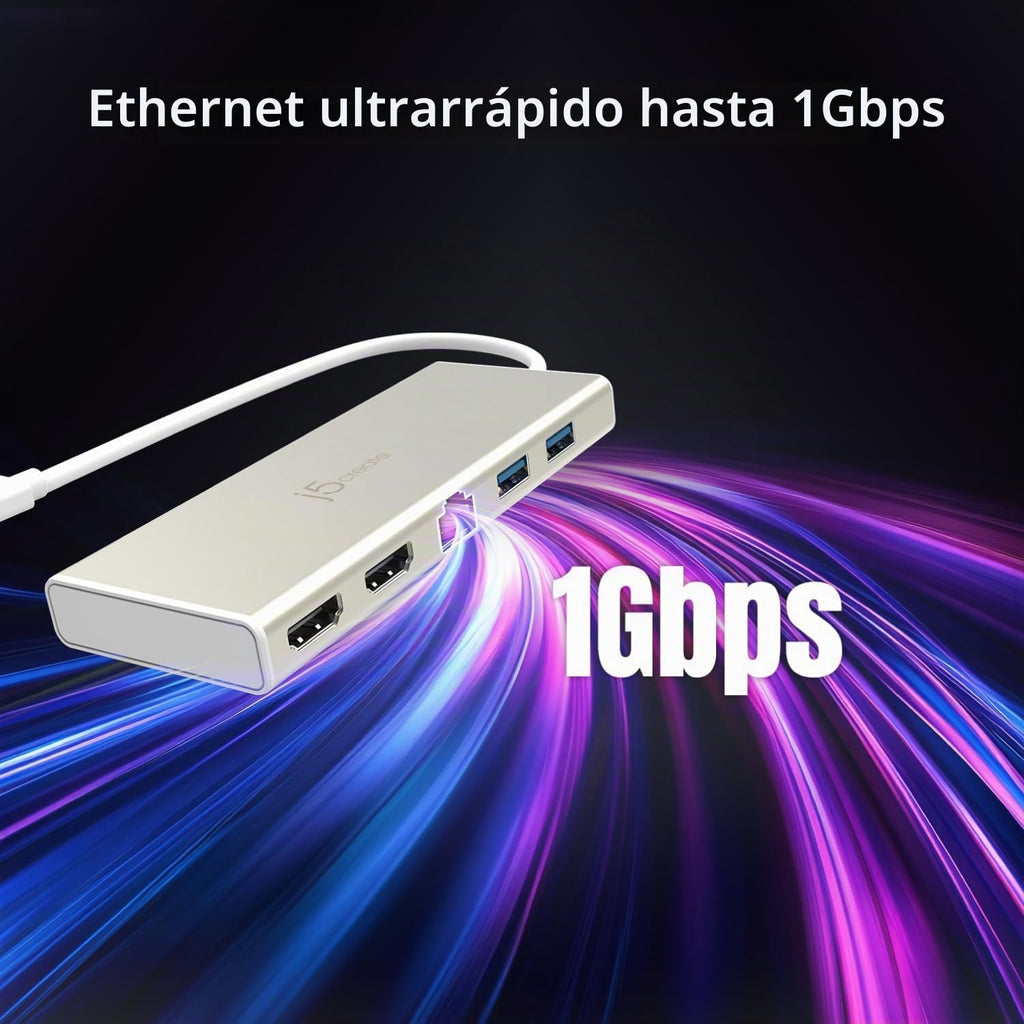 j5create Concentrador USB-C Mini Dock - Tipo C con 2x HDMI, 2x USB 3.0