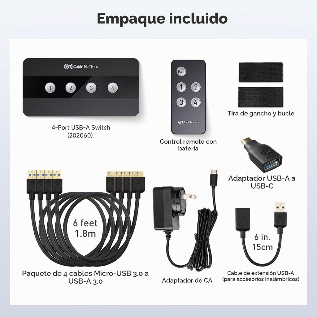 Cable Matters Conmutador USB 3.0 de 4 puertos para 4 computadoras, soporte