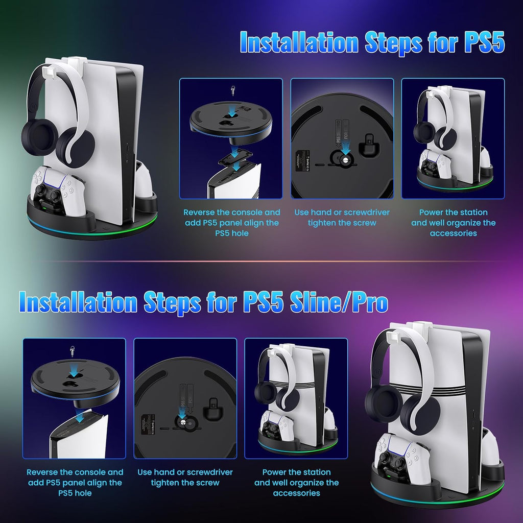 NEWDERY para PS5/Slim/Pro Console Stand, con Dual carga Station para PS5 Controllers, Adjustable RGB Light, para PS5 Controller Charger Stand - negro