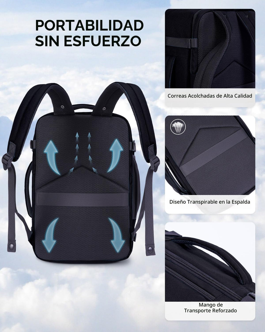 ECOHUB Mochila de Viaje Mochila de Equipaje de Mano, Negro-3, Mochi...