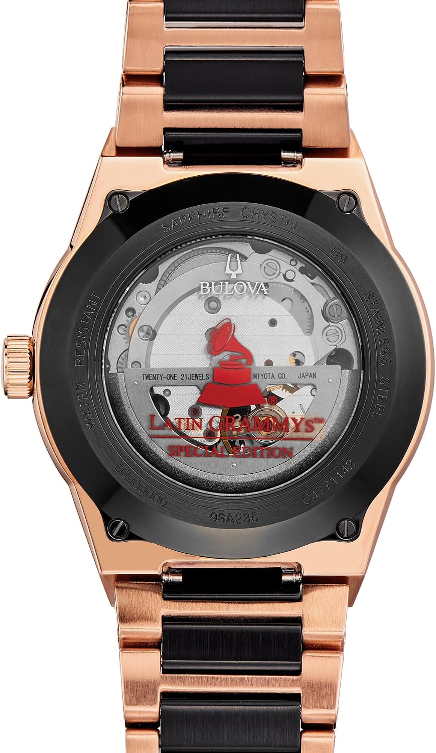 Bulova Latin Grammy Modern Millenia - Reloj automático de acero inoxidable en dos tonos, abertura de latido abierto, parte trasera de caja de exhibición, esfera negra, (Modelo: 98A236)