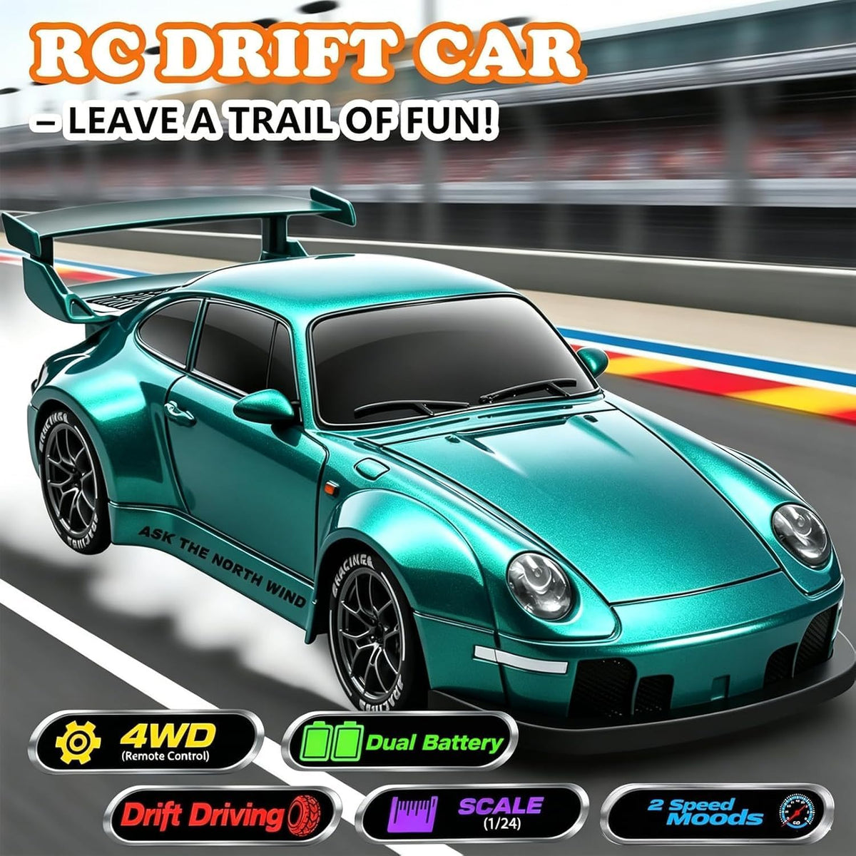 Auto de deriva a control remoto a escala 1:24 con luces LED, neumáticos de deriva y dos baterías, juguete deportivo de carreras, regalo ideal para adultos, niños, niñas y niños (azul lago)