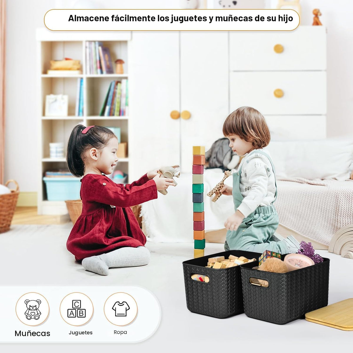 Ohmlove Paquete de 4 contenedores de almacenamiento con tapas de bambú, contenedores de almacenamiento de plástico con tapas, caja de almacenamiento apilable: cestas de almacenamiento para organizar