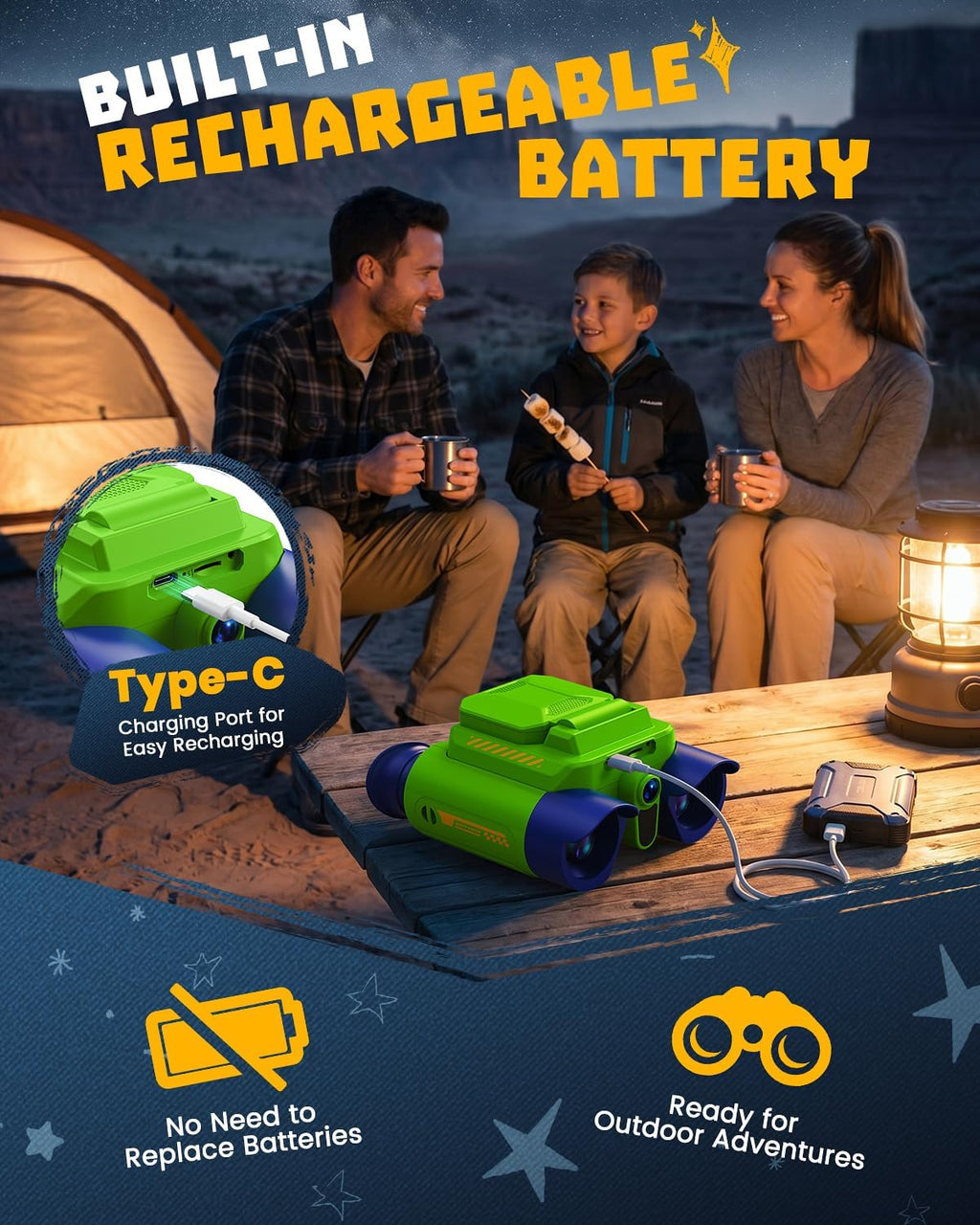 Binoculares para niños con cámara, visión nocturna digital, verde