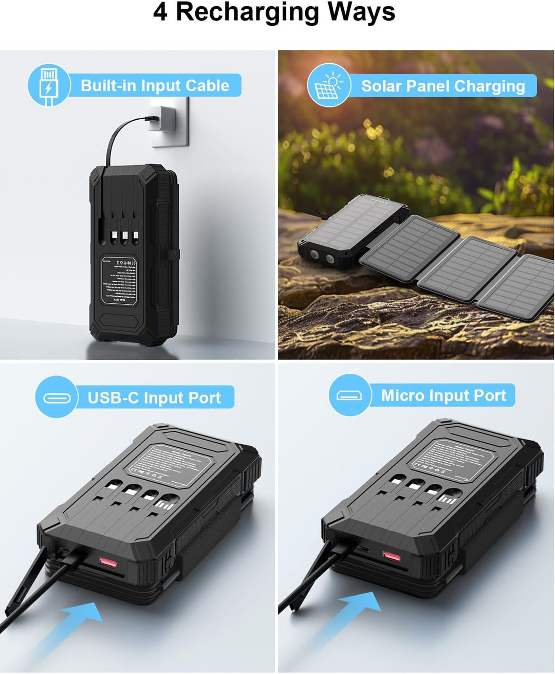 Kepswin Cargador solar de 49800 mAh con 4 cables integrados y 4 pan...