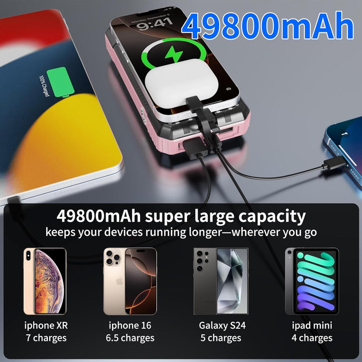 Banco de energía solar de 49800 mAh, cargador portátil con 4 cables...