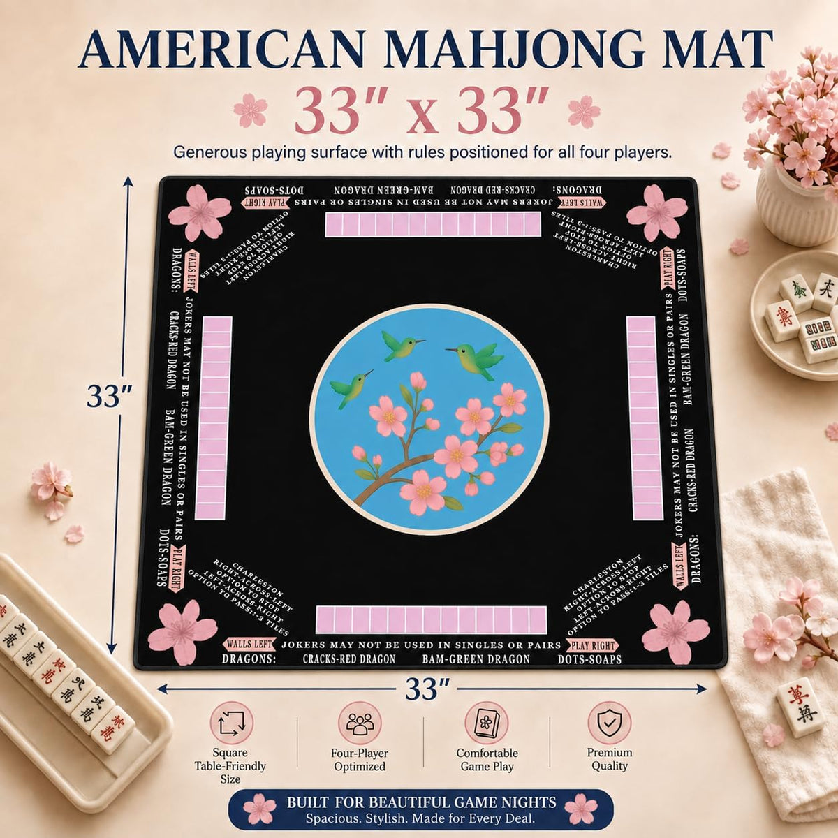 Tapete de Mahjong Americano (33 x 33, 0.1 in de grosor, negro colibrí)