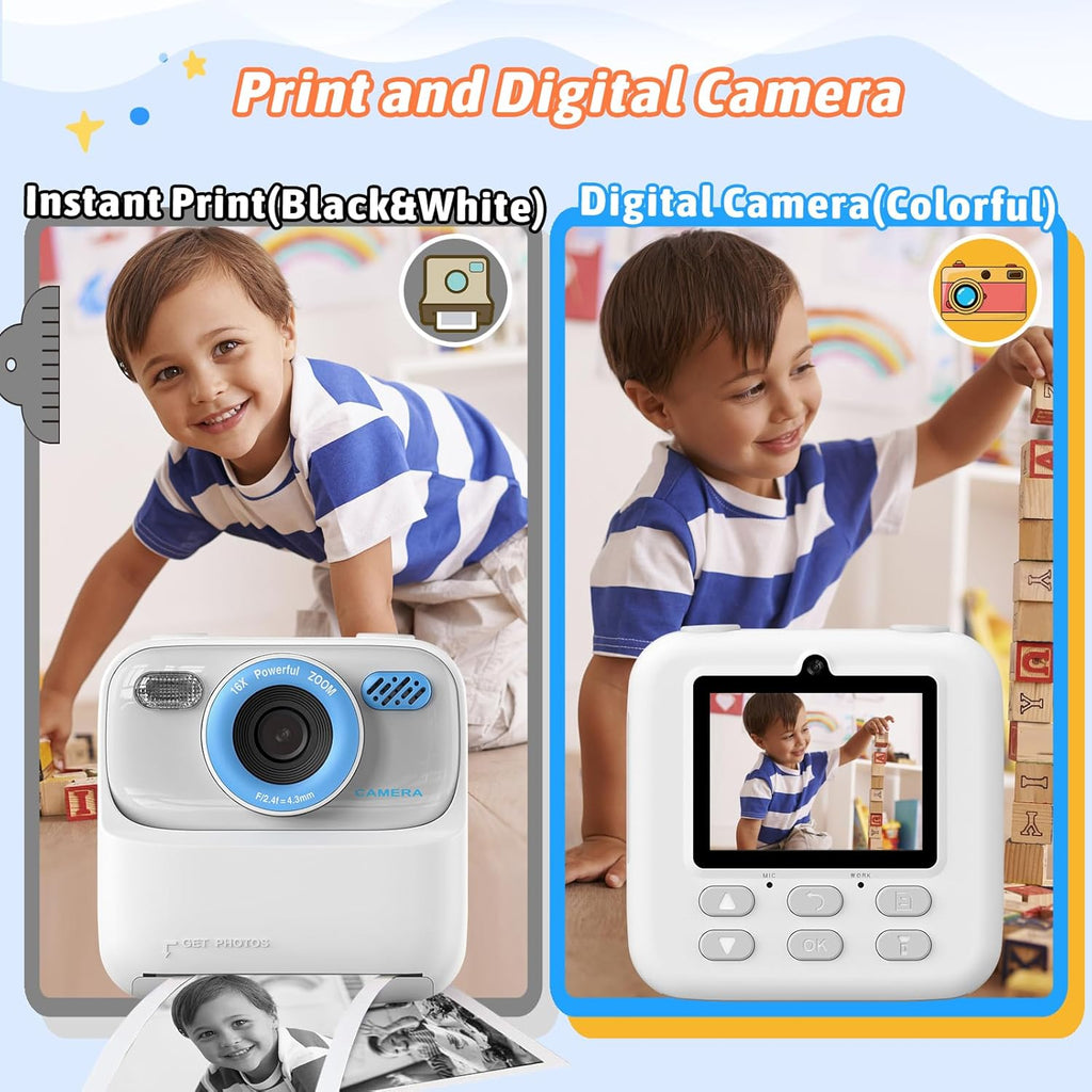 Cámaras digitales instantáneas para niños y niñas, cámara digital selfie HD de doble lente 1080P con papel de impresión y tarjeta TF, regalos de cumpleaños de Navidad, juguetes para niños pequeños y
