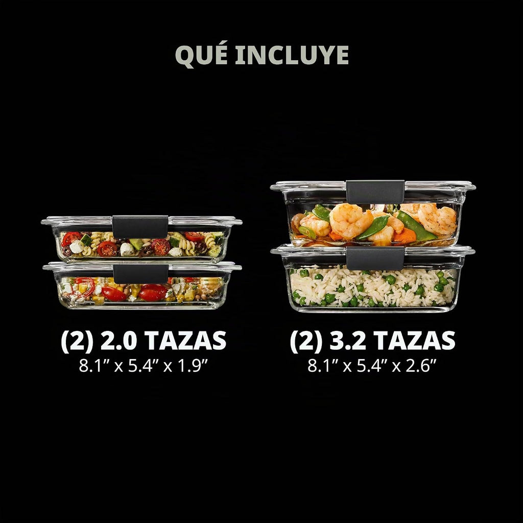 Rubbermaid Brilliance - Juego de 4 contenedores de vidrio para almacenar alimentos con tapas (8 piezas en total, 4 contenedores + 4 tapas) para almuerzo, preparación de comidas y sobras, aptos para