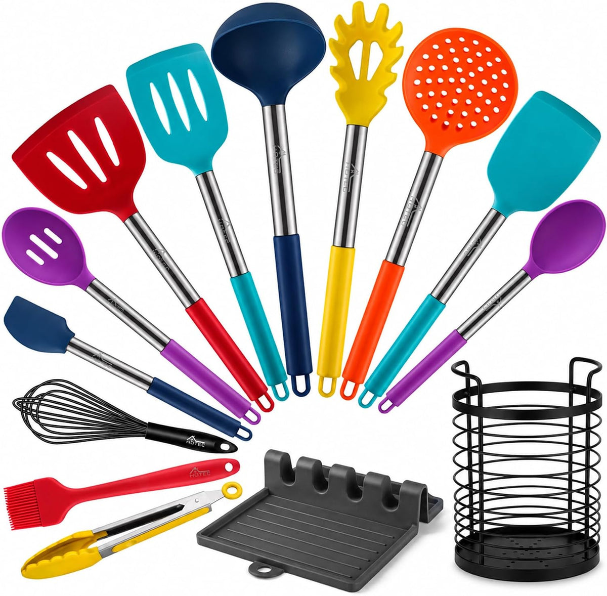 HOTEC Utensilios de cocina de silicona resistentes al calor de 446 °F, juego de utensilios de cocina, juego de espátula, sin BPA, utensilios de cocina, soporte para utensilios, apto para lavavajillas