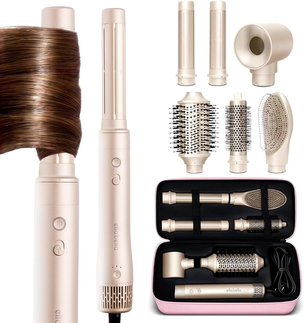 ELLA BELLA® Estilizador profesional de aire caliente 6 en 1 • Potente juego de secador de pelo y alisador • Estilo sin daños por calor • Secado rápido rizador voluminizador alisado • Incluye funda