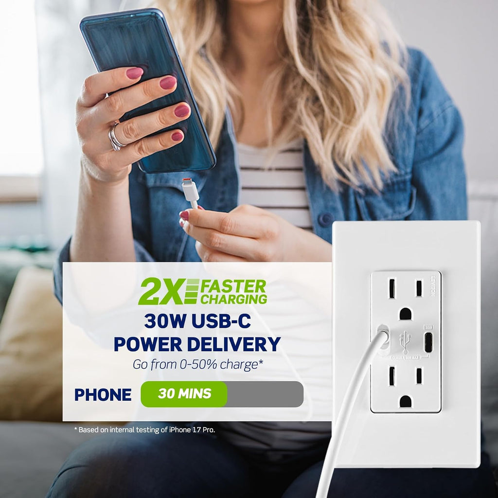 Leviton Decora - Toma de pared USB-C PD de 30 W, receptáculo TR de 15 A