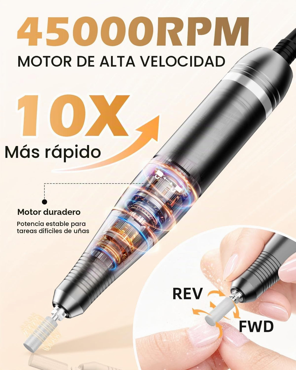 Taladro de uñas profesional 45000RPM, lima de uñas eléctrica