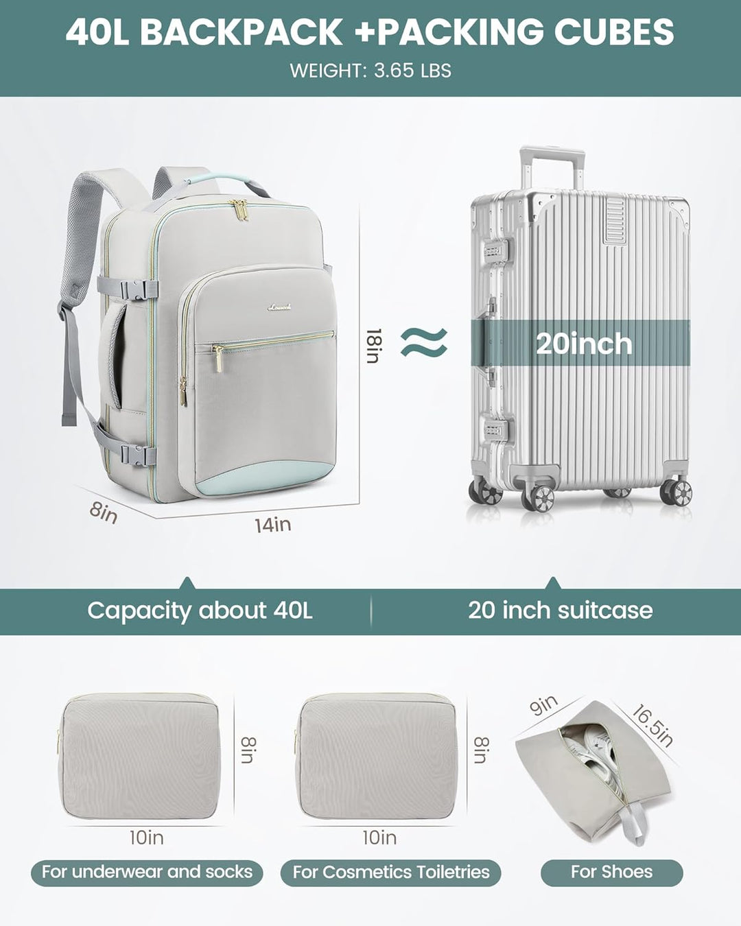 LOVEVOOK Mochila de viaje para mujeres y hombres, 40L, aprobada por...