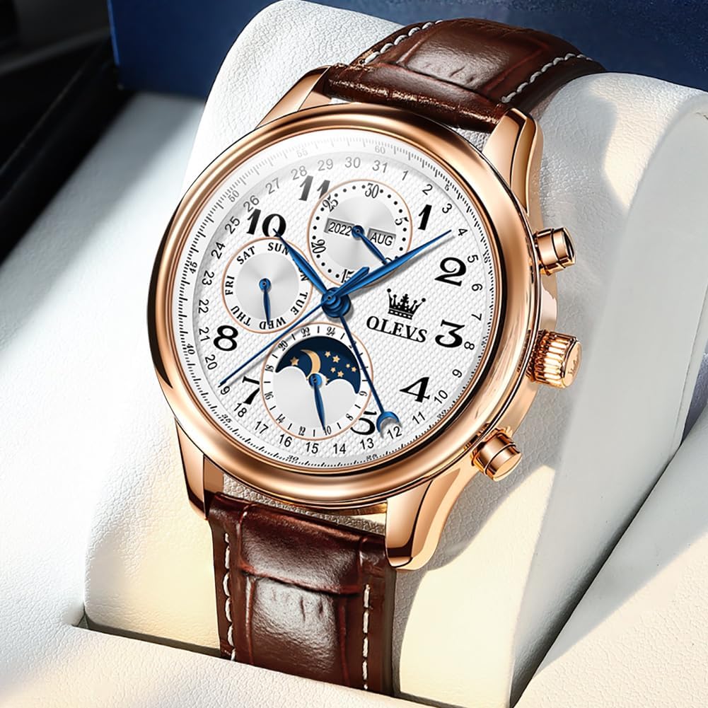 OLEVS - Relojes automáticos para hombre, multicalendario, con fase lunar, 3ATM impermeable, reloj de lujo clásico para negocios, de pulsera