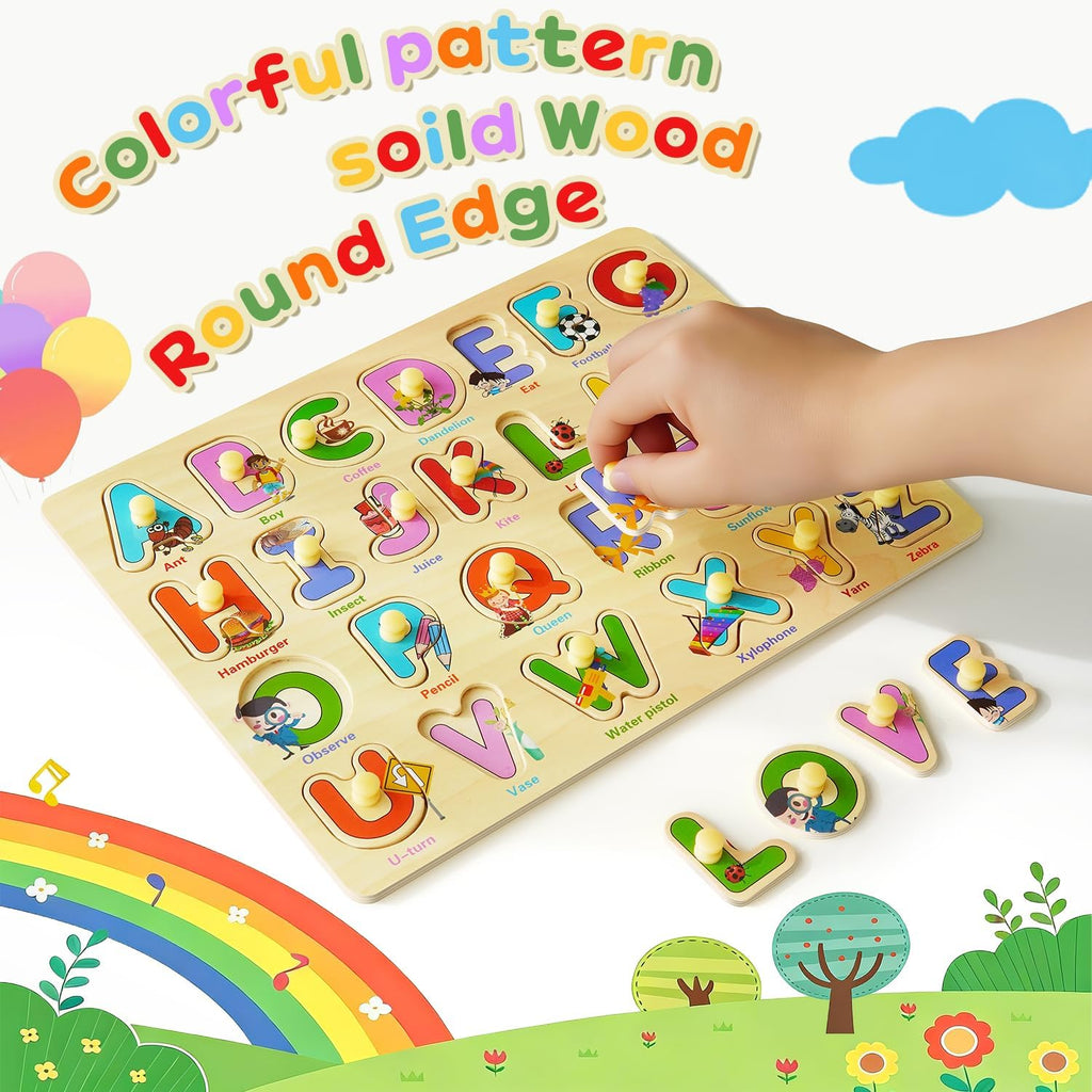 MerryPony - Rompecabezas de clavijas de madera para niños pequeños de 2, 3 y 4 años, 6 piezas de rompecabezas Montessori para niños pequeños - Rompecabezas de alfabeto, forma, número, fruta