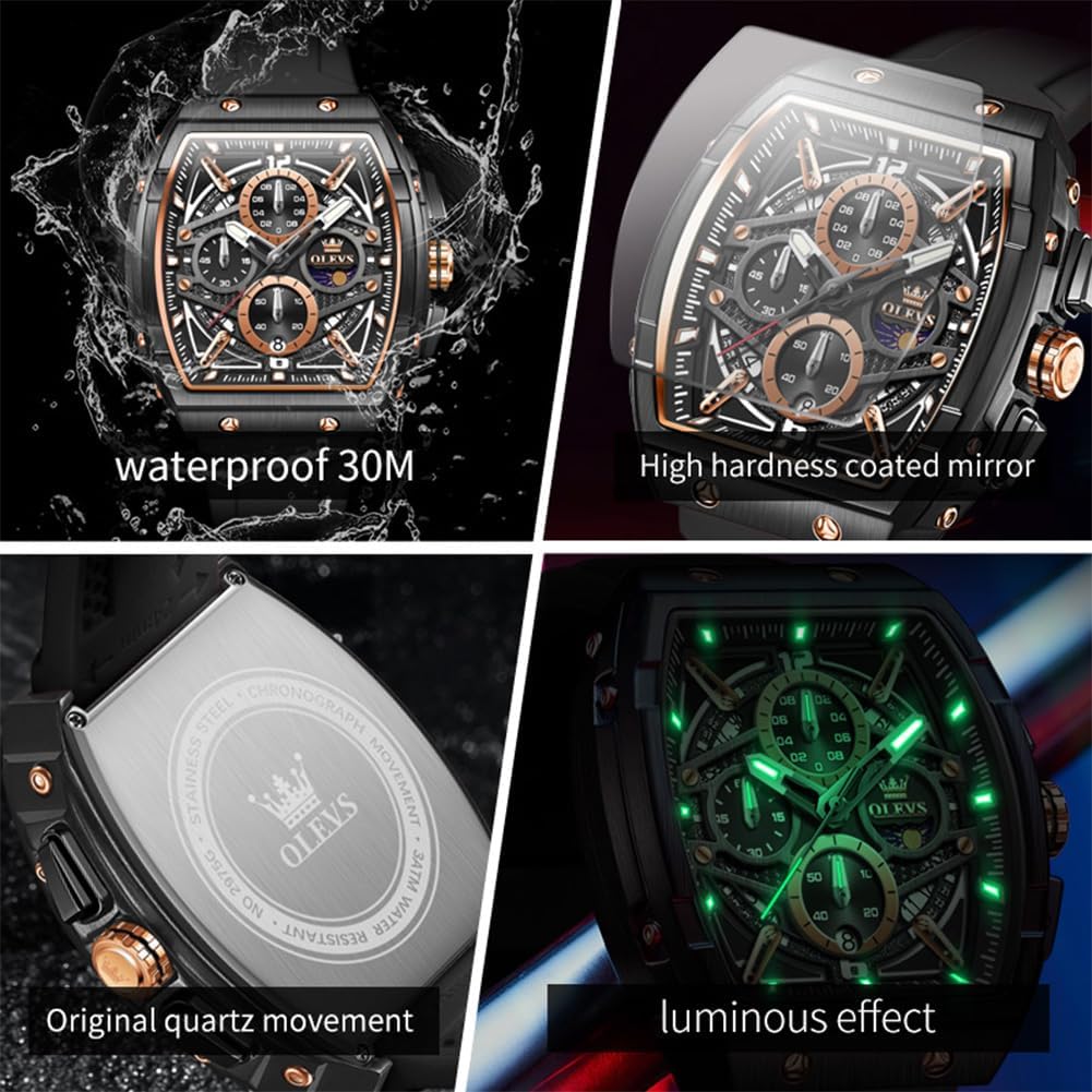 OLEVS Relojes para Hombre Casual Lujo Cara Grande Cronógrafo Multifuncional Relojes de Hombre Correa de Silicona/Nylon Duradera 3 ATM Resistente al Agua Reloj de Hombre Fecha Fase Lunar Reloj