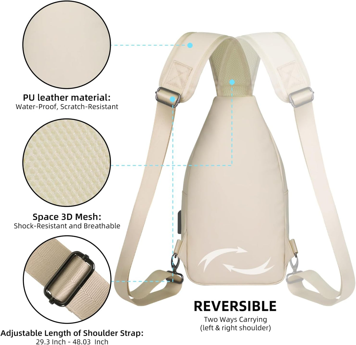 Bolso bandolera para mujer, bolsa cruzada grande con puerto de carga USB y tiradores de cremallera con logotipo, mochila ligera resistente al agua de nailon para viajes, senderismo (L, beige de
