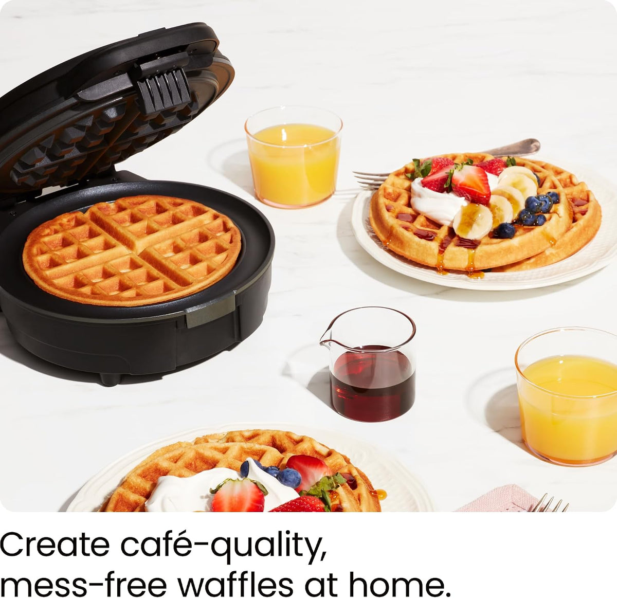 Chefman - Máquina para hacer waffles belgas antidesbordamiento con selector de tono, control de temperatura, foso sin ensuciar, plancha redonda de hierro con placas antiadherentes y mango de tacto