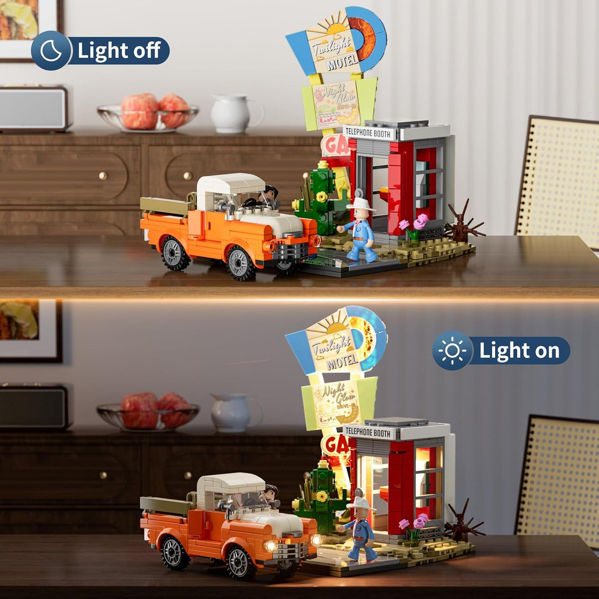 Lumibricks City Sunset-Stopover - Juego de ladrillos de construcción con iluminación – Estación de coche de viaje por carretera, colección modular, juego de construcción con luz LED, 455 piezas para