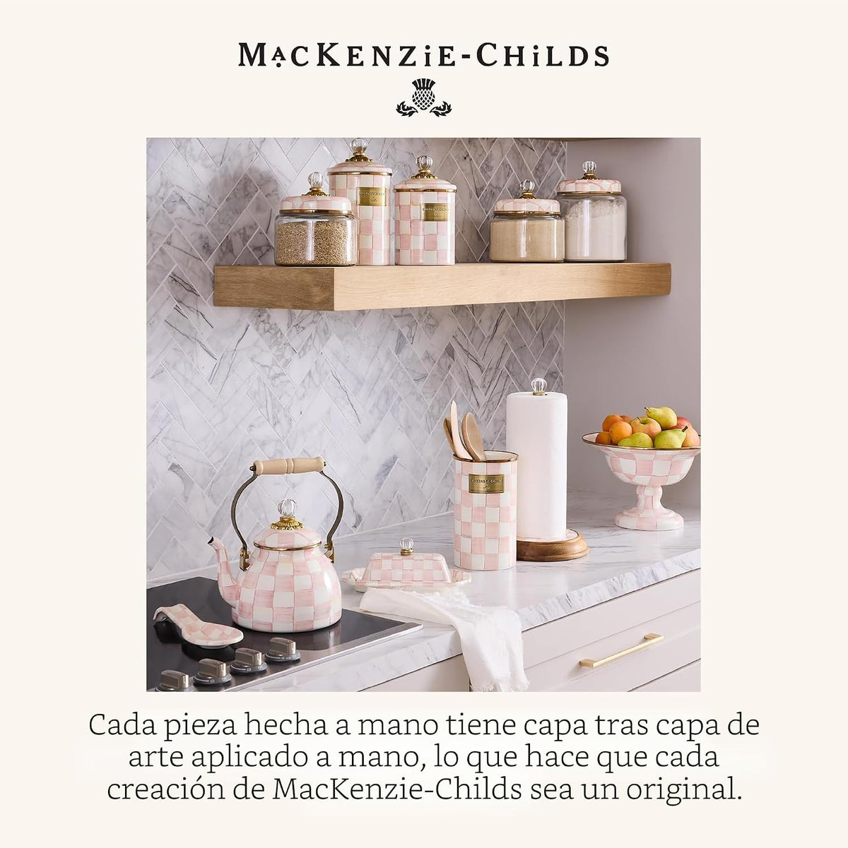 MACKENZIE-CHILDS Soporte para cucharas esmaltado, cuadros rosados y blancos