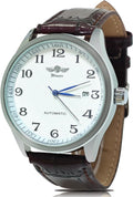 Gute Reloj para hombre, esqueleto mecánico, steampunk, automático, automático, números arábigos, manos azules, marrón, cuero sintético, reloj de pulsera, Marrón, Mecánico, Automático