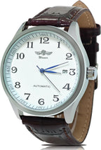 Gute Reloj para hombre, esqueleto mecánico, steampunk, automático, automático, números arábigos, manos azules, marrón, cuero sintético, reloj de pulsera, Marrón, Mecánico, Automático