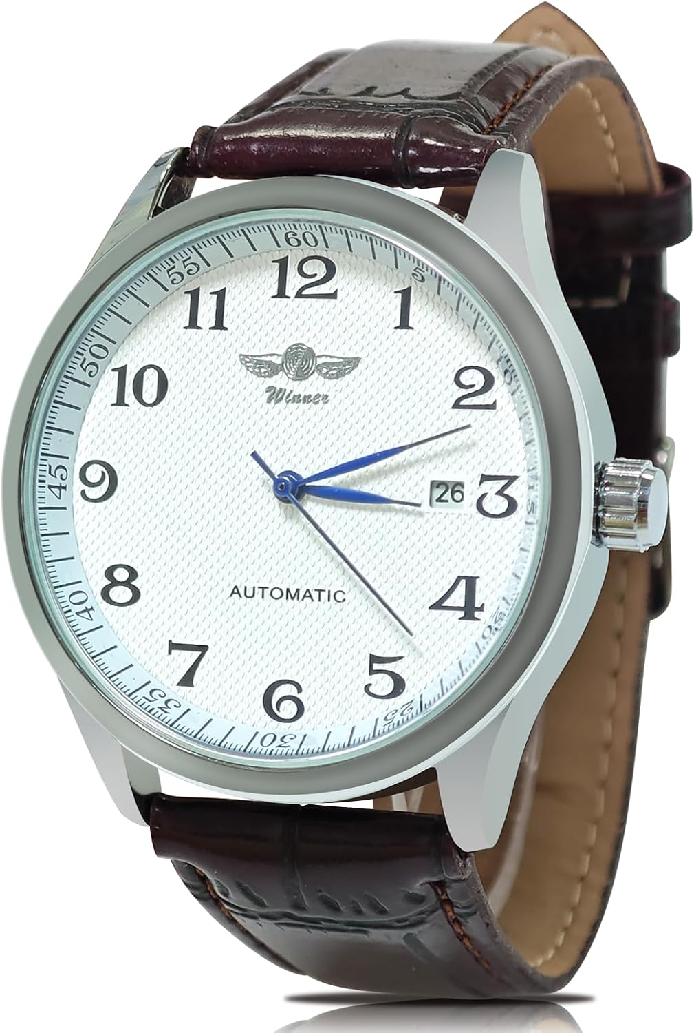 Gute Reloj para hombre, esqueleto mecánico, steampunk, automático, automático, números arábigos, manos azules, marrón, cuero sintético, reloj de pulsera, Marrón, Mecánico, Automático