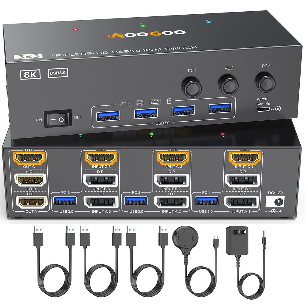 Conmutador KVM HDMI DP 3 monitores 3 computadoras, 8K @60Hz/4K @144Hz Conmutadores KVM de triple monitor para 3 PC compartiendo 3 monitores, teclado y ratón, con cables USB, controlador y adaptador de