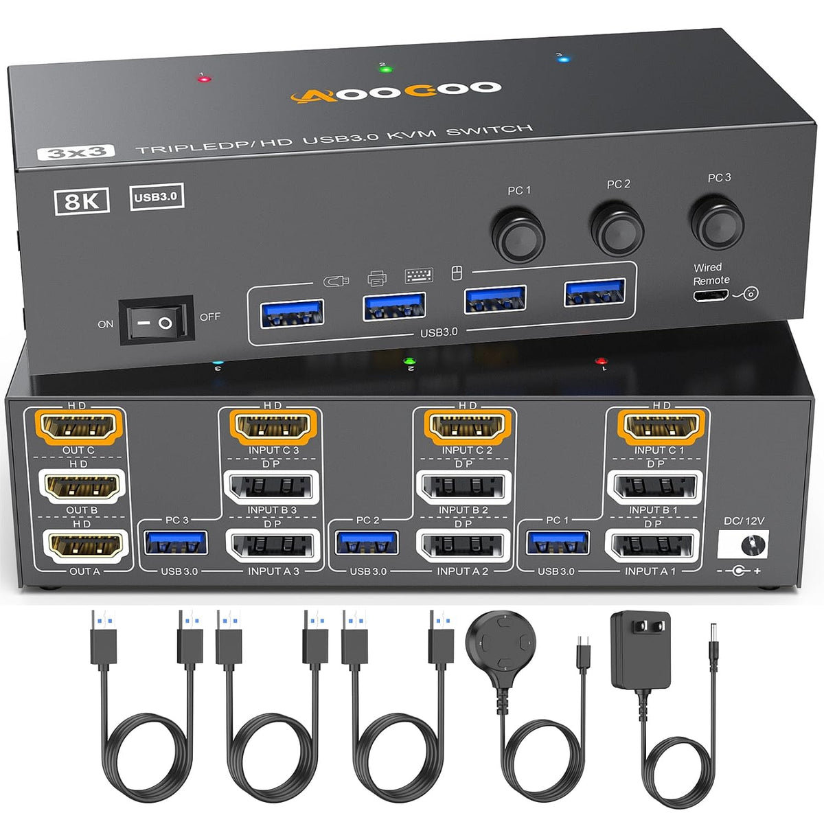 Conmutador KVM HDMI DP 3 monitores 3 computadoras, 8K @60Hz/4K @144Hz Conmutadores KVM de triple monitor para 3 PC compartiendo 3 monitores, teclado y ratón, con cables USB, controlador y adaptador de