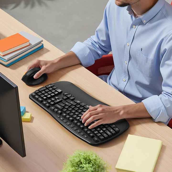 MEETION Teclado ergonómico inalámbrico, teclas onduladas, reposamuñ...