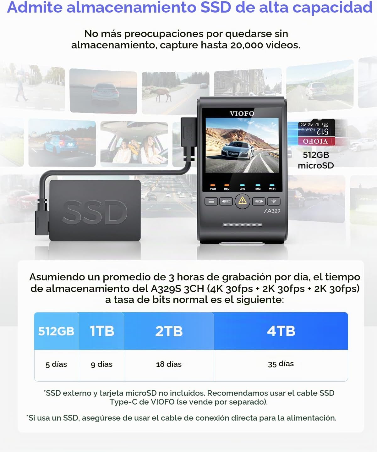 VIOFO A329S 4K+2K+2K Dash Cam cabina delantera y trasera, STARVIS 2 HDR