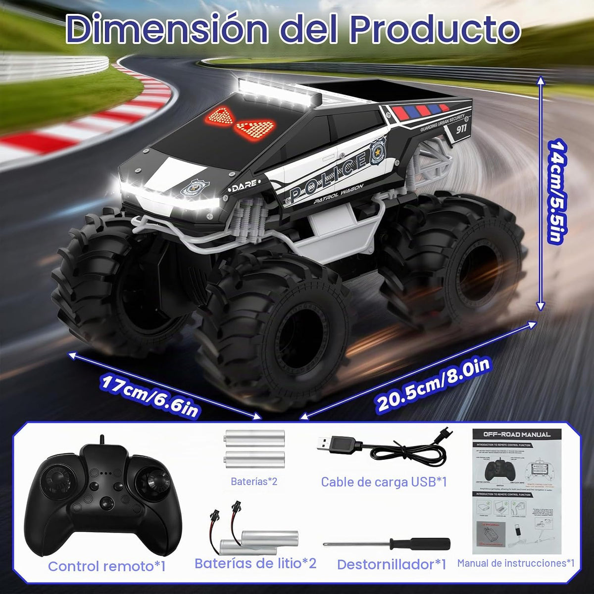Coche de control remoto de policía con ojos dinámicos LED, autos RC anfibios 1:18, camioneta todo terreno 4WD, camión cibernético impermeable de 2.4 GHz, camión monstruo giratorio de 360°, juguetes