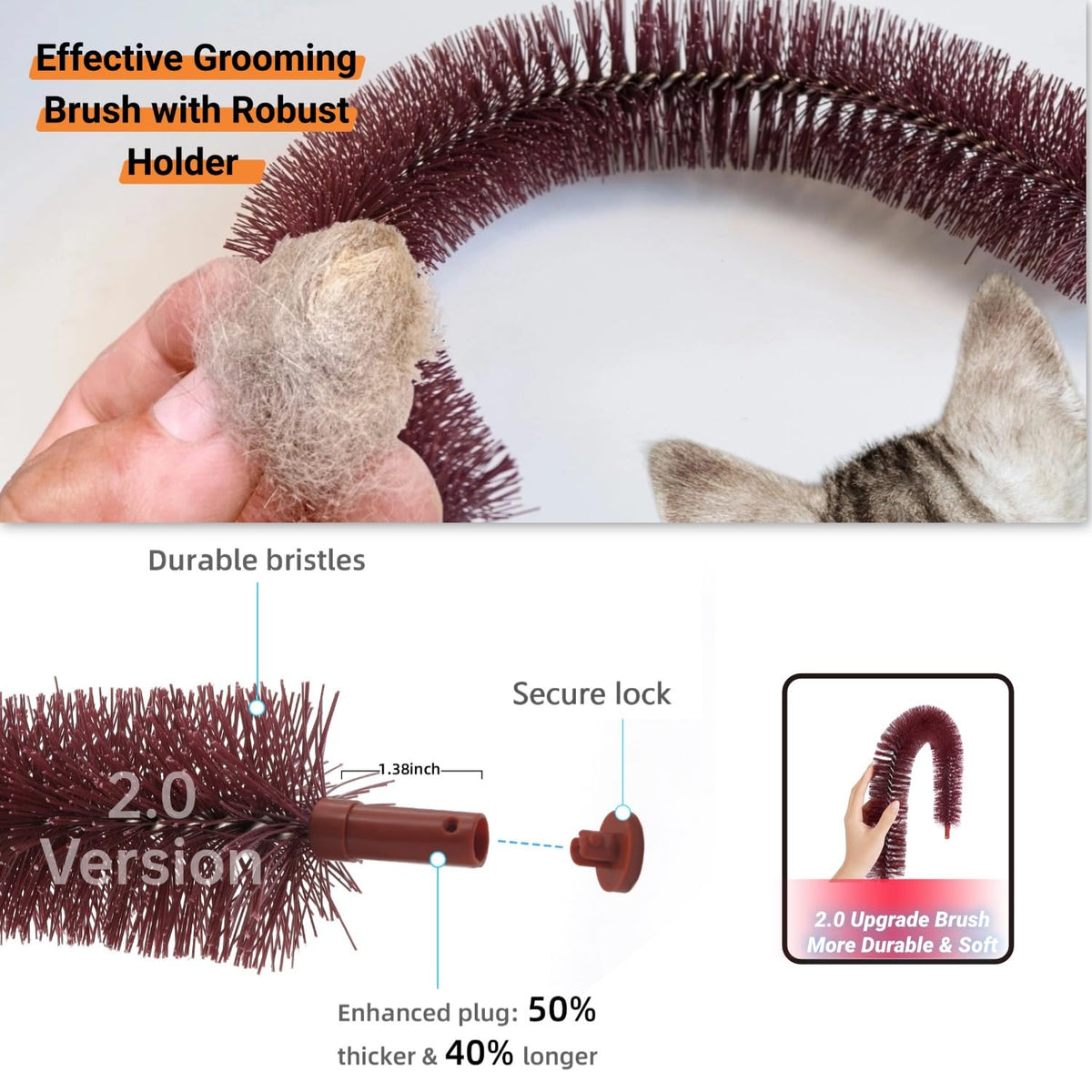 Happi N Pets Acicalador Automático Original para Gatos, Cepillo de Aseo en Arco con Almohadilla Rascadora de Madera Pesada, Poste para Frotarse y Juguete, Rascadores para la Cara del Gato y Masajeador