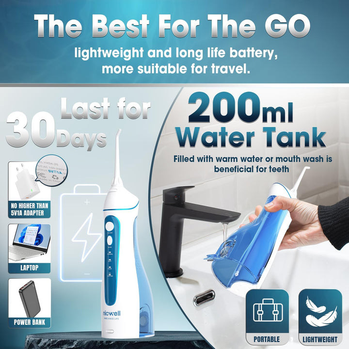 Nicwell - Irrigador dental inalámbrico para hilo dental: 4 modos, p...