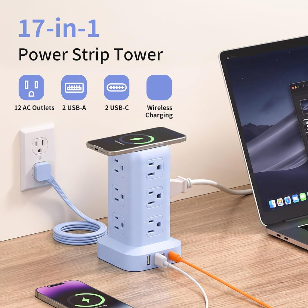 Cable de extensión con múltiples tomas, extensor de salida SMALLRT con 12 salidas de CA, 4 USB, torre de regleta de alimentación de 6.5 pies para suministros de oficina en casa, azul