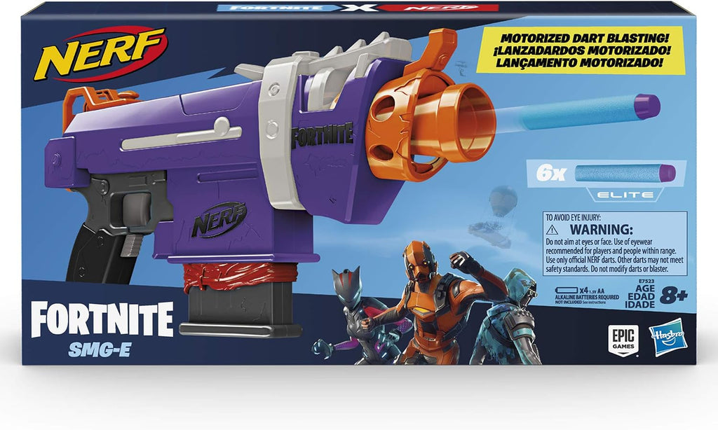 Nerf Fortnite SMG-E Blaster - Lanzamiento de dardos motorizado - Cargador de 6 dardos, 6 dardos Elite oficiales - para jóvenes, adolescentes y adultos