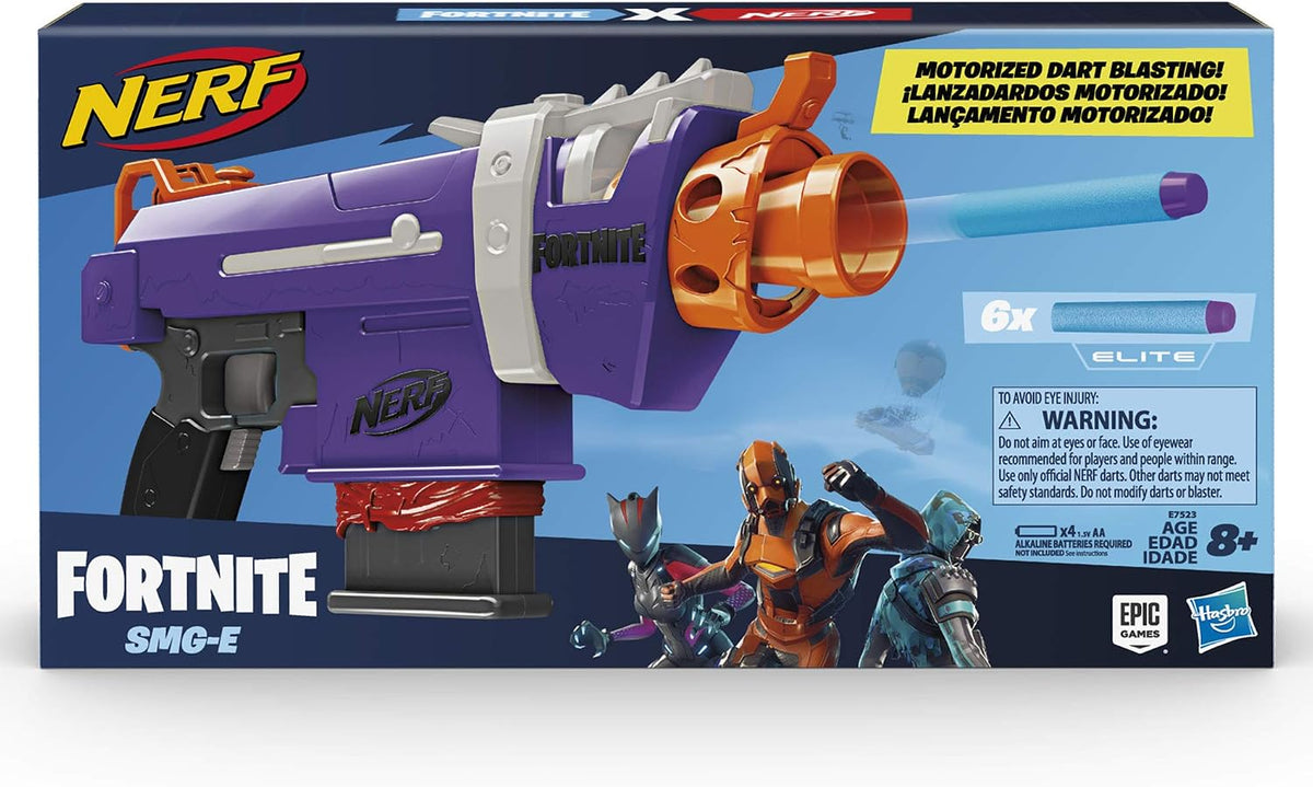 Nerf Fortnite SMG-E Blaster - Lanzamiento de dardos motorizado - Cargador de 6 dardos, 6 dardos Elite oficiales - para jóvenes, adolescentes y adultos