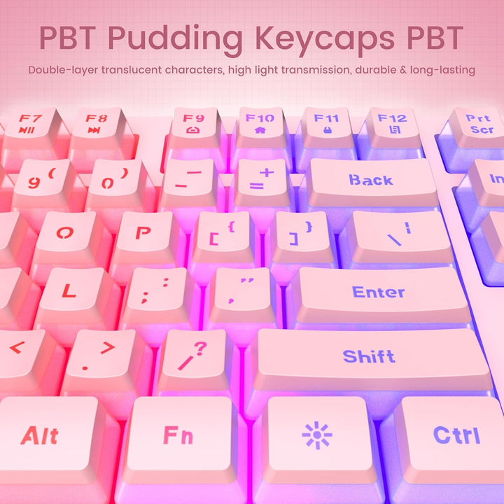 yesbeaut Teclado cremoso rosa, retroiluminación LED arcoíris, tecla...