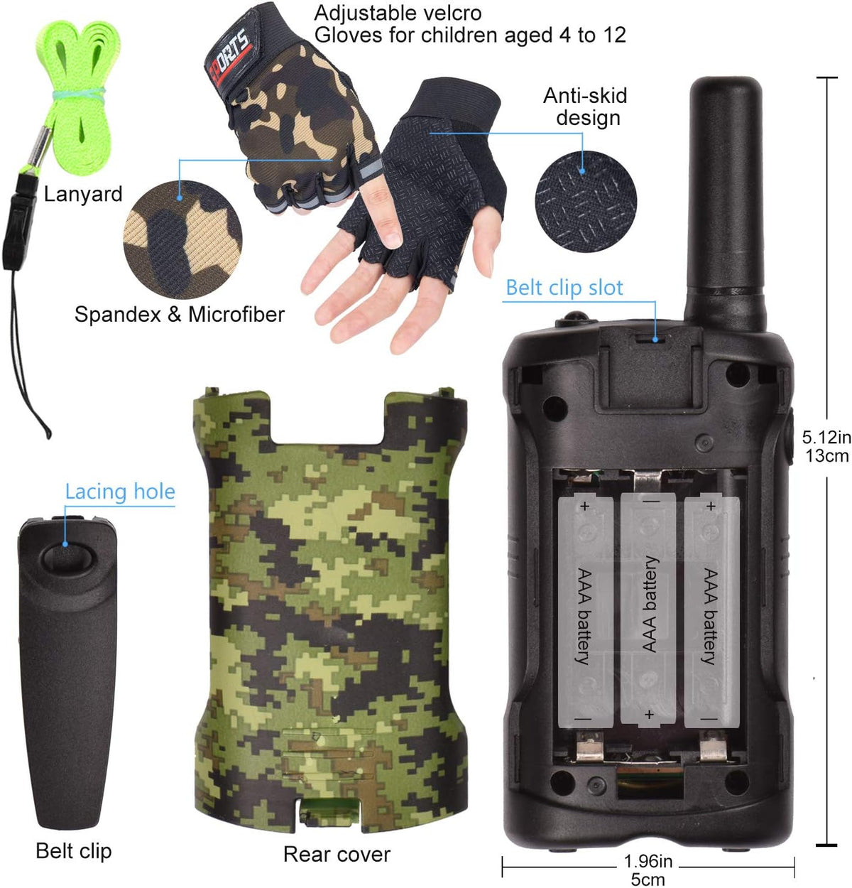 Aikmi Walkie Talkies para niños con guantes de ciclismo, juguete de regalo